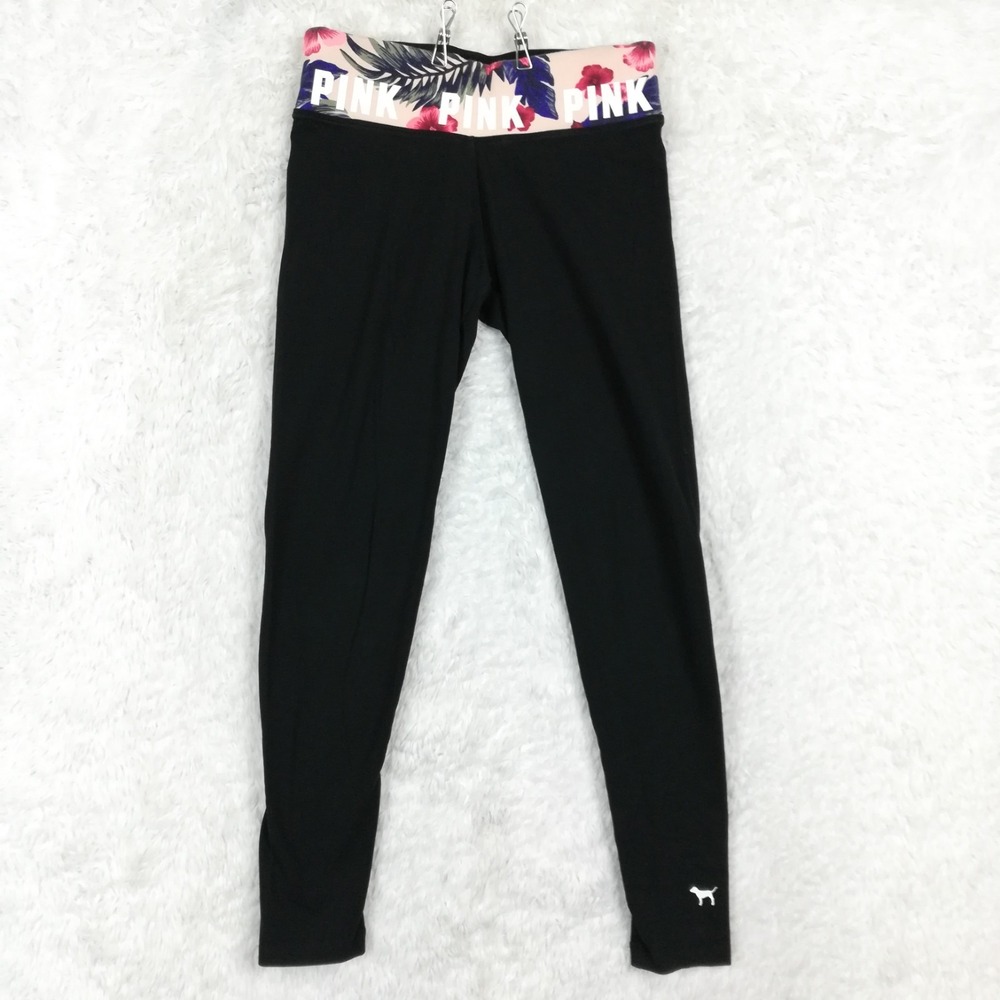 Victoria's Secret Pink Womens Pants Yoga Leggings Black Floral Print Waist S